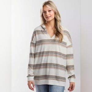 BKE Women's Oversized Ribbed Knit Striped Hooded Sweater Size Med